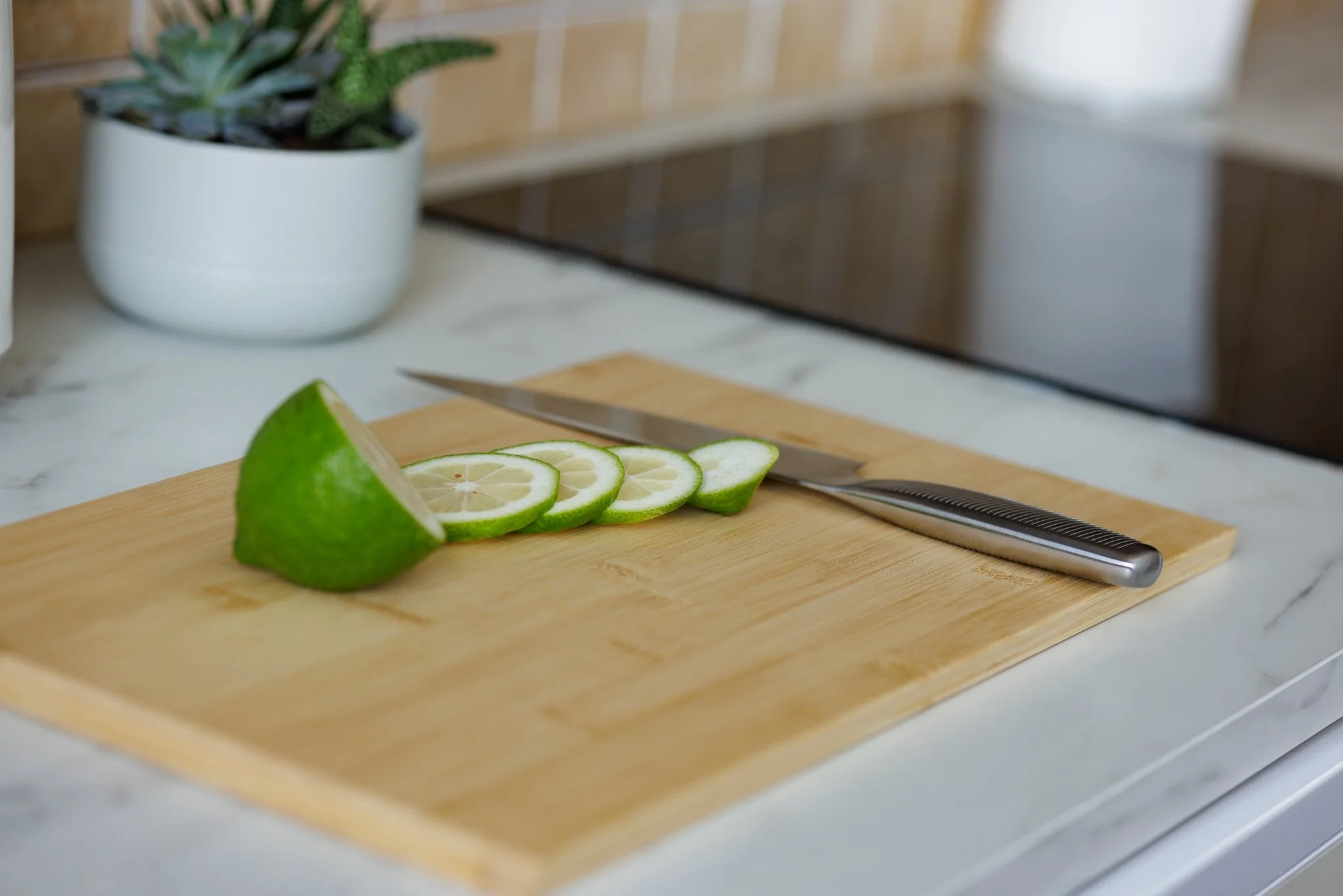 Kitchen styled with cutting board