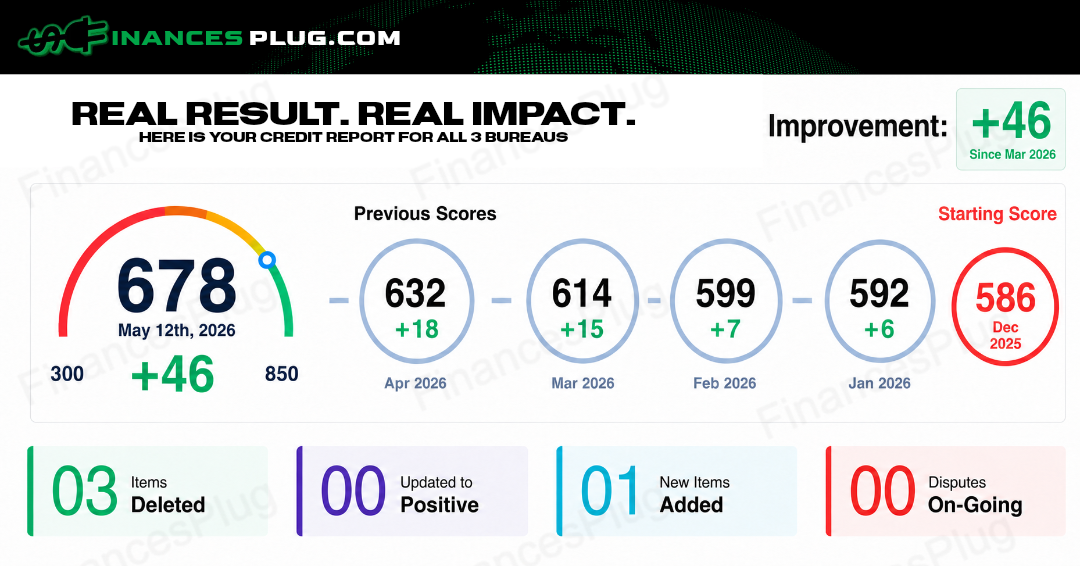 Credit report results showing a 46-point improvement to a 678 score