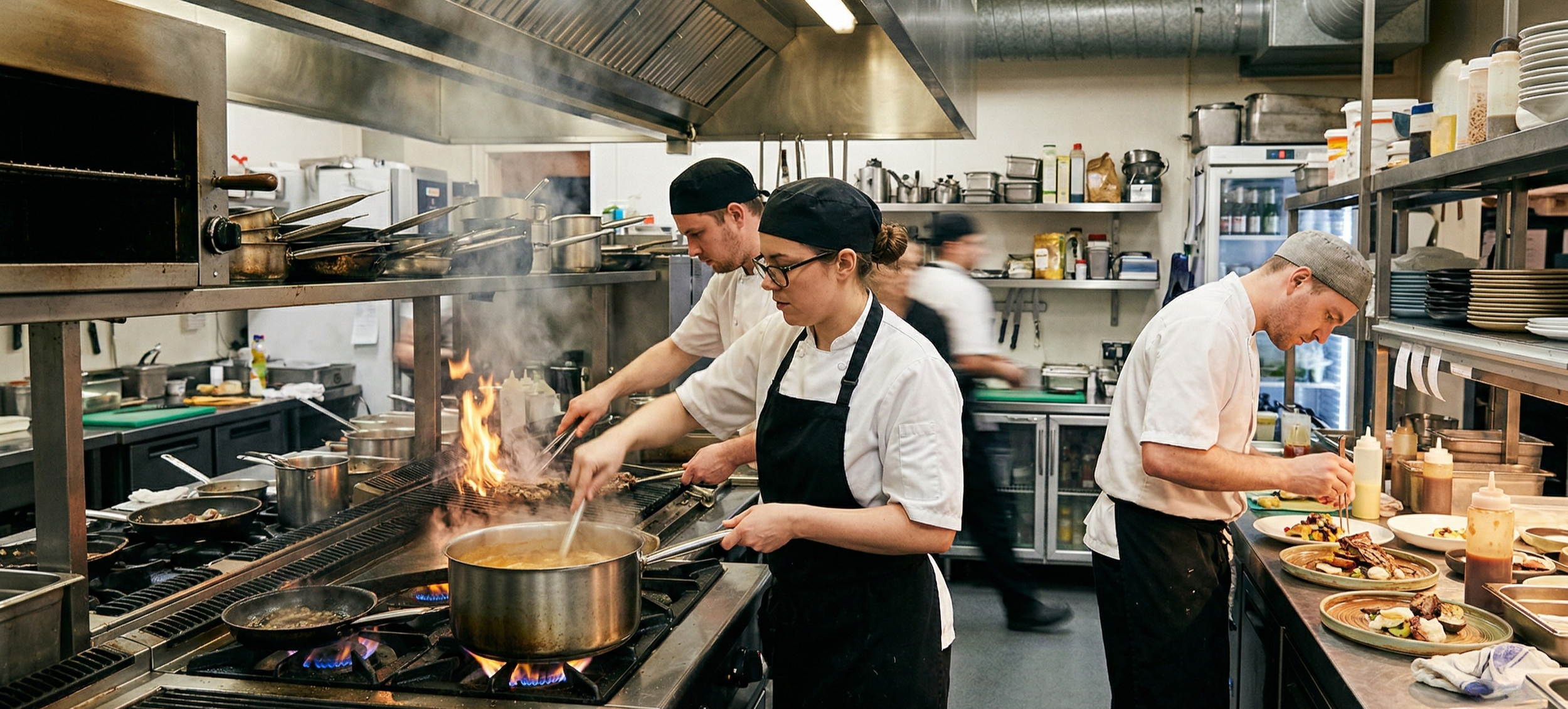 Professional kitchen in service with chefs working at gas ranges