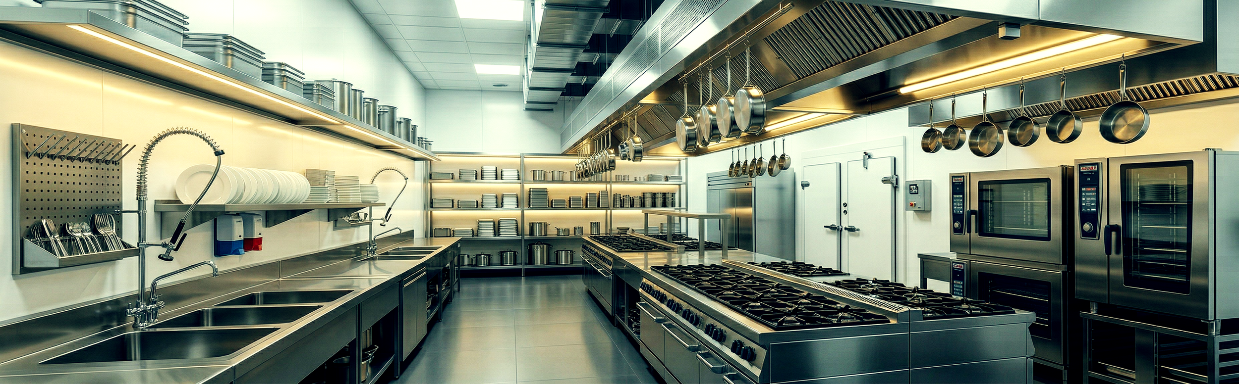 Commercial kitchen fit-out showing stainless steel equipment, gas ranges, extraction hoods and shelving