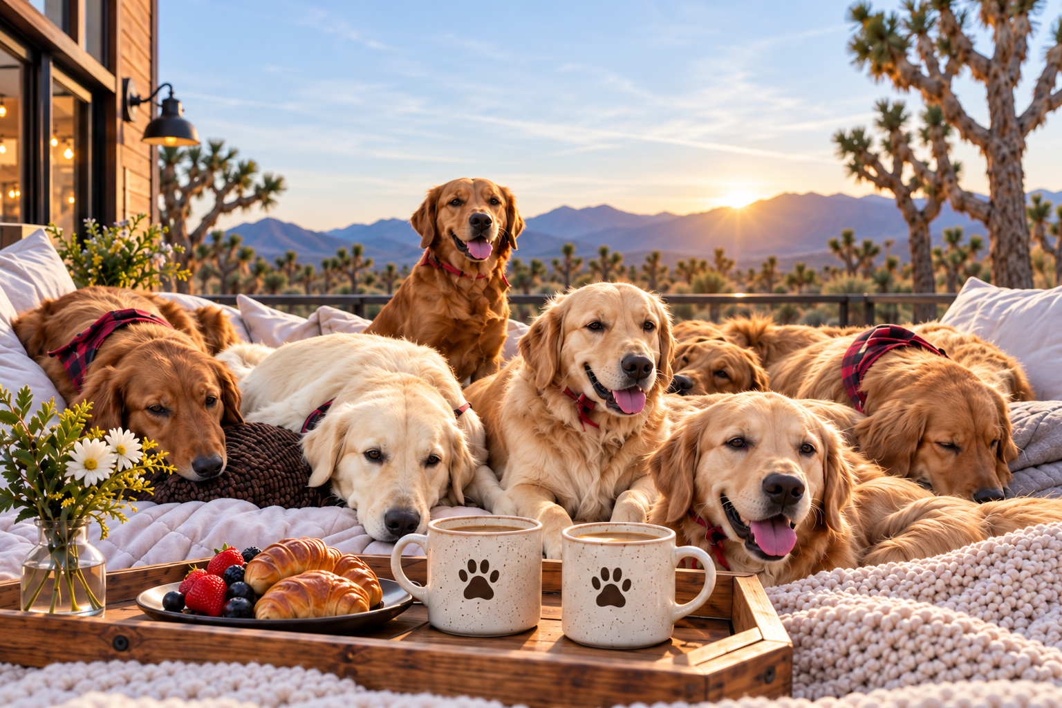 Goldens on the bed with coffee cups