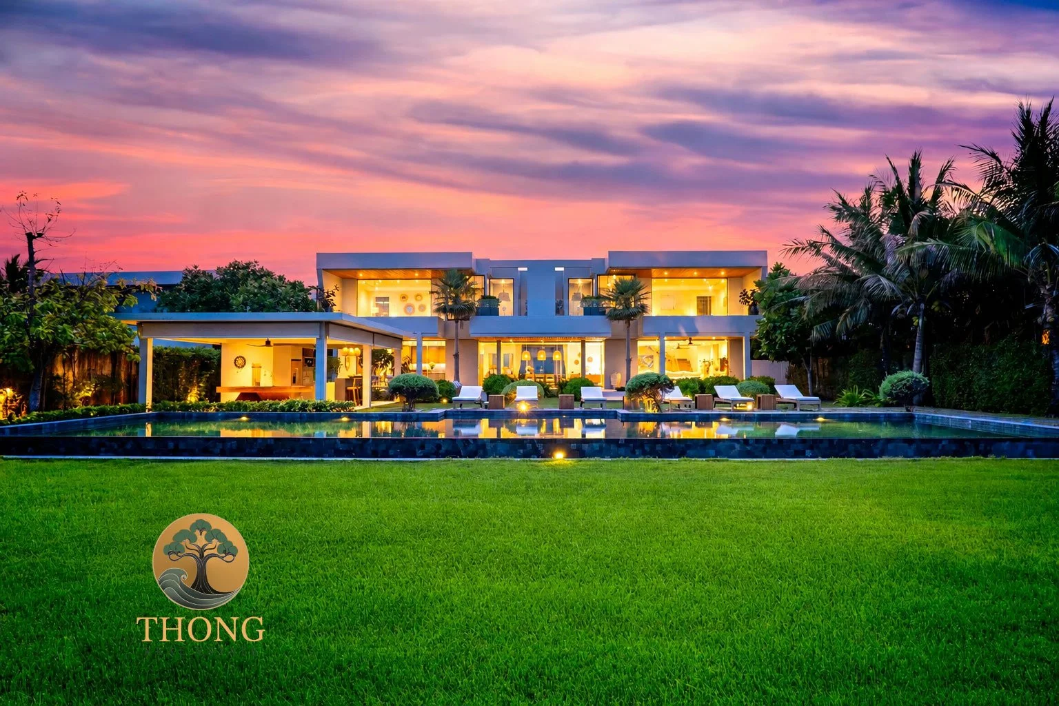 Villa Z at dusk, sunset view of pool and residence, Sichon Thailand, beside Banyan Tree Residences
