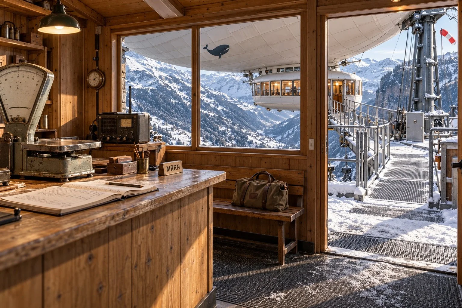 Blick aus dem hölzernen Empfangshaus mit Gepäckwaage und Wetterbuch zur Gondel der angedockten THE WHALE.