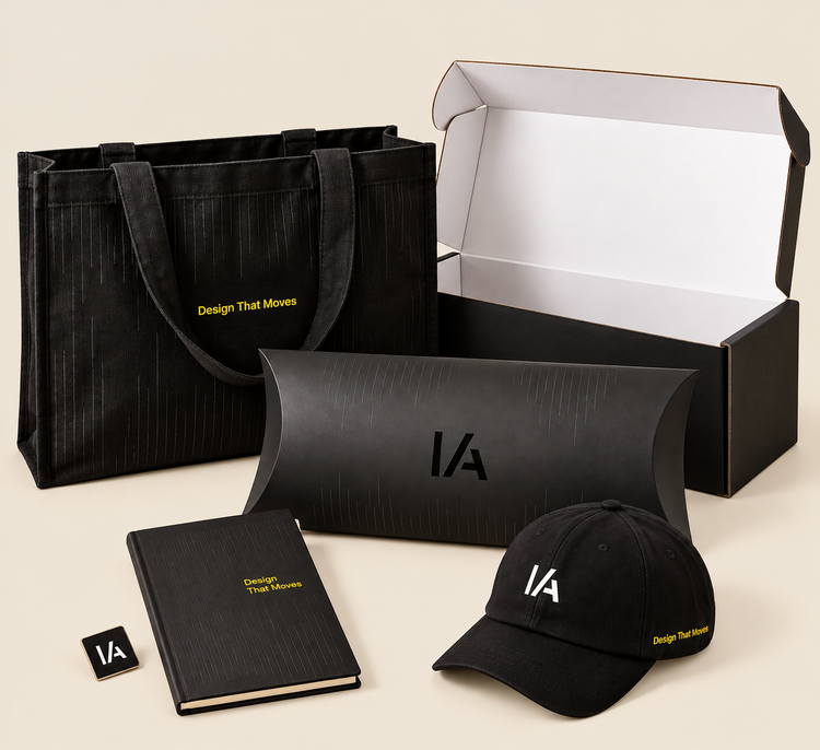 Interior Architects rebrand kit with tote, notebook, cap, and pin