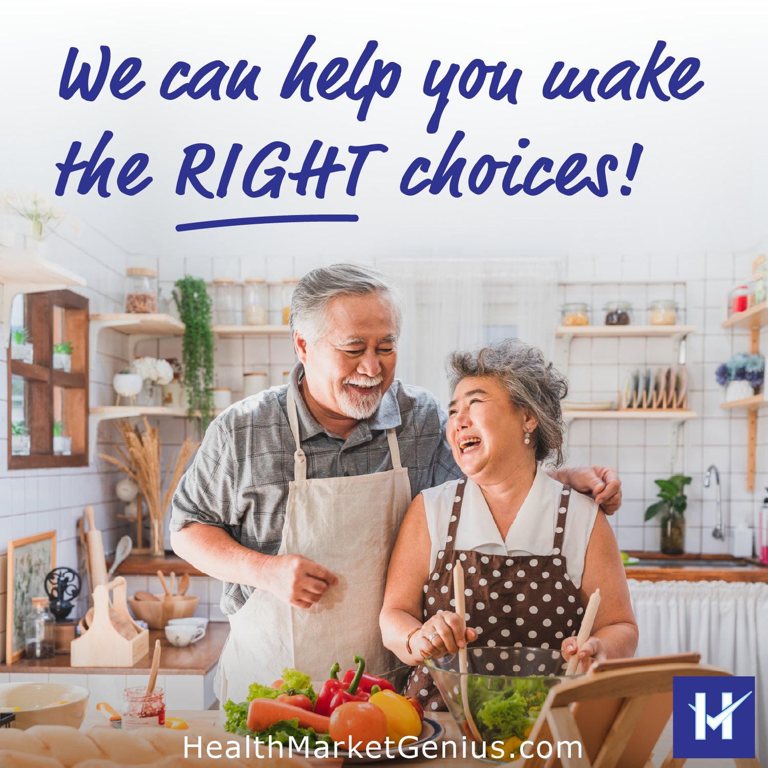 Laughing elderly couple. Text on image:'We can help you make the right choices.'