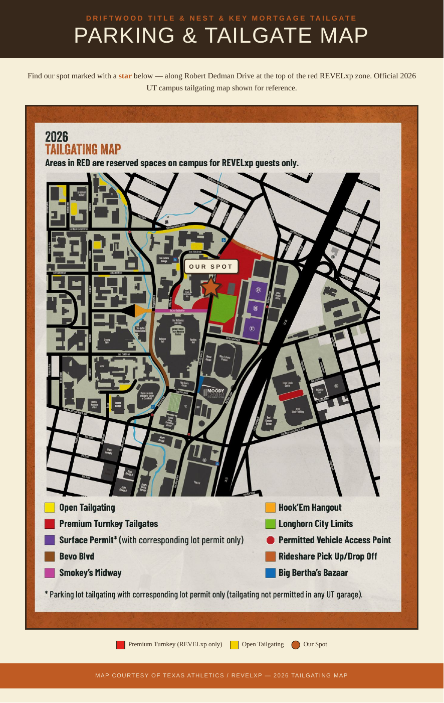 Tailgate location map from the invitation. A star marks our spot near the LBJ Library along Robert Dedman Drive.