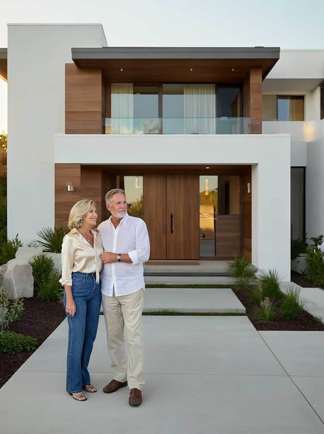 Happy couple standing in front of their newly completed modern double-storey home in Melbourne, showcasing contemporary architecture and landscaping