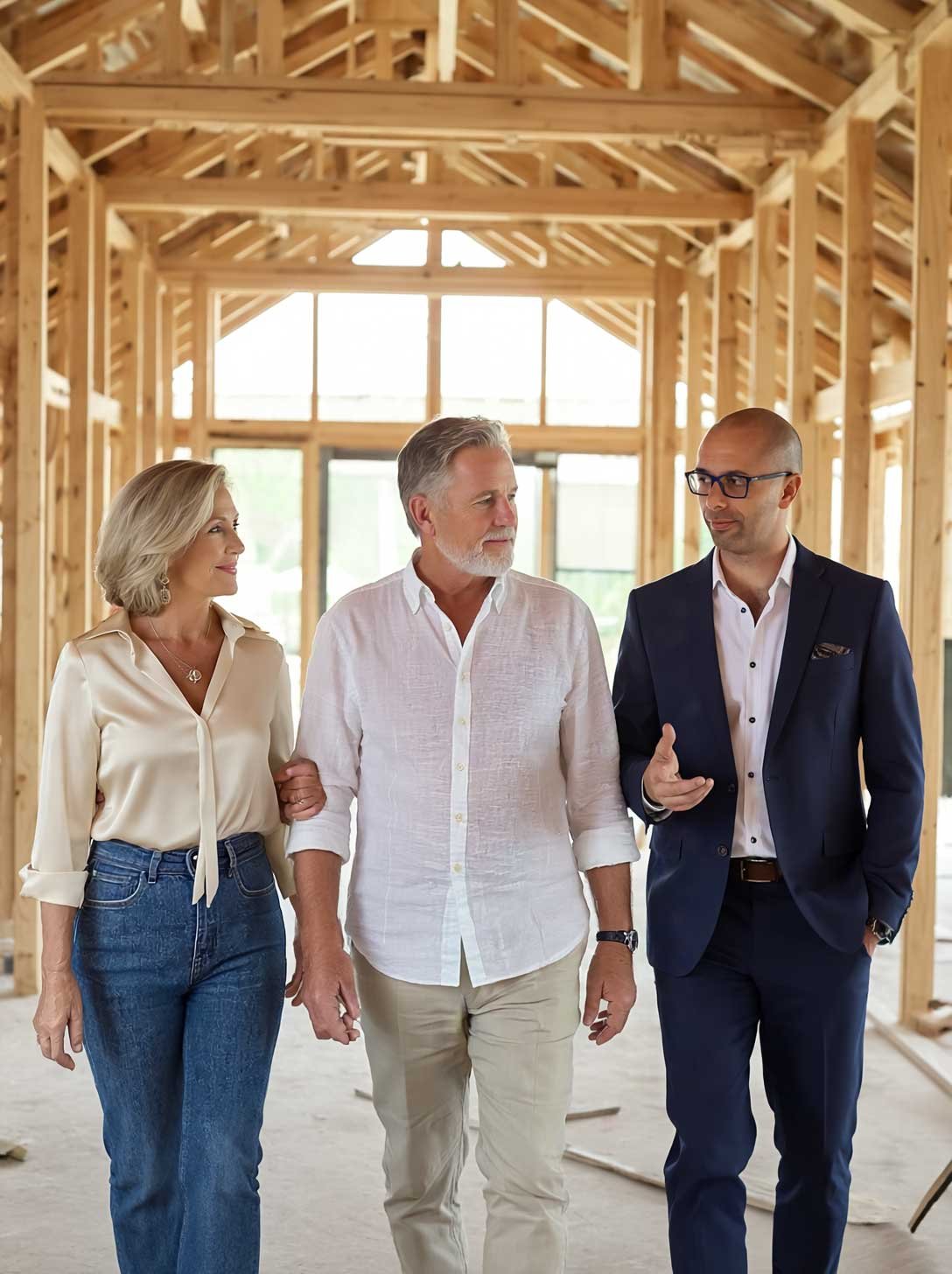Clients walking through a home under construction with their advisor while assessing builder quality and workmanship