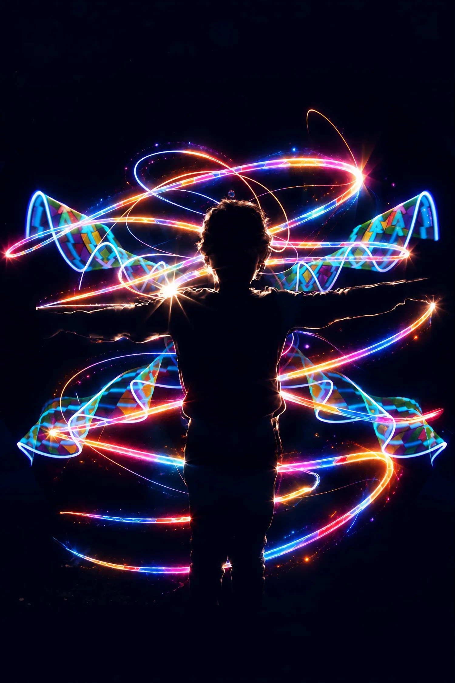 Silhouette eines Kindes, umgeben von bunten Lichtspuren – Motiv des Halleschen Lichterfests 2026