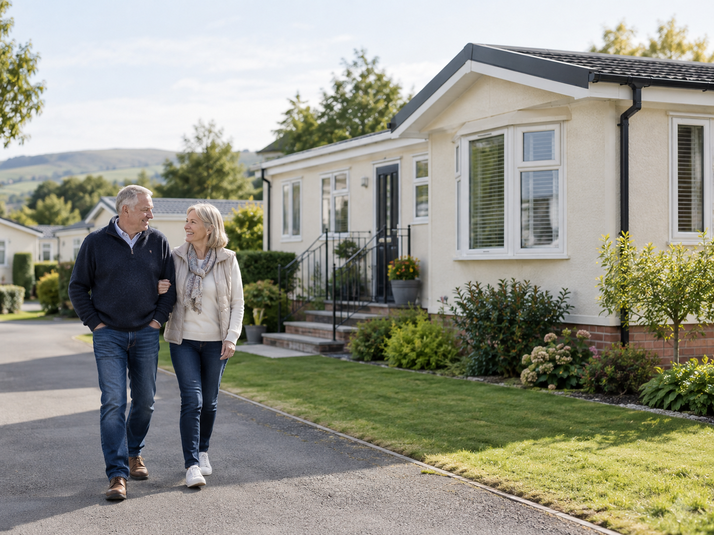 Couple walking beside a park home in a residential park community