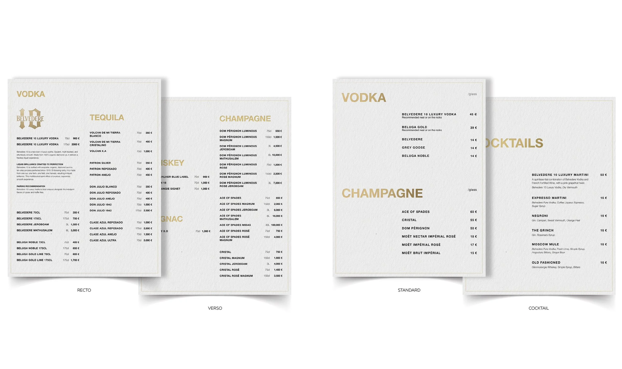Belvedere 10 — on-premise menus: luxury menu by the bottle, standard and cocktail menus by the glass
