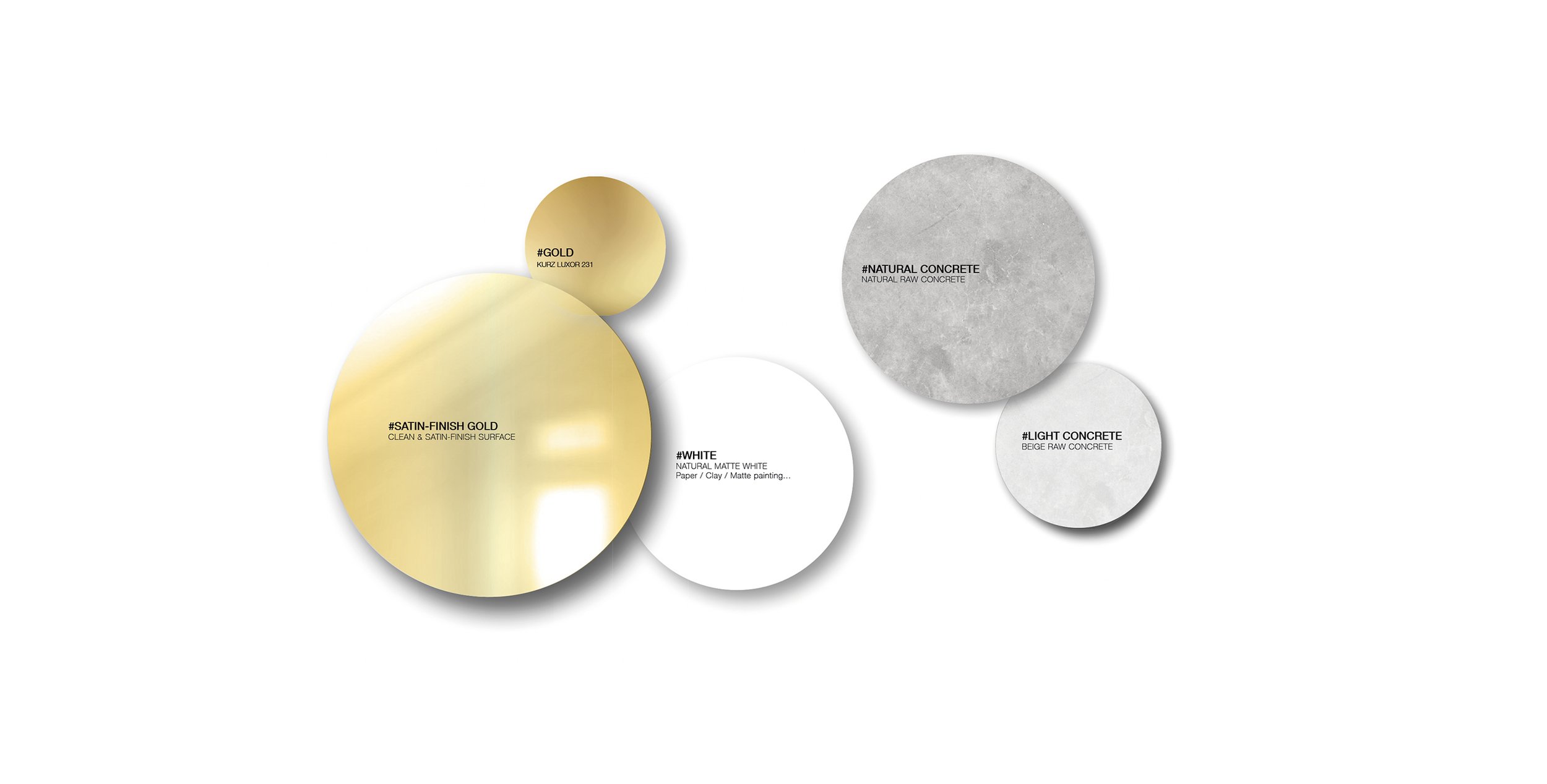 Belvedere 10 — material board: satin-finish gold, Kurz Luxor 231 gold, natural matte white, natural and light raw concrete