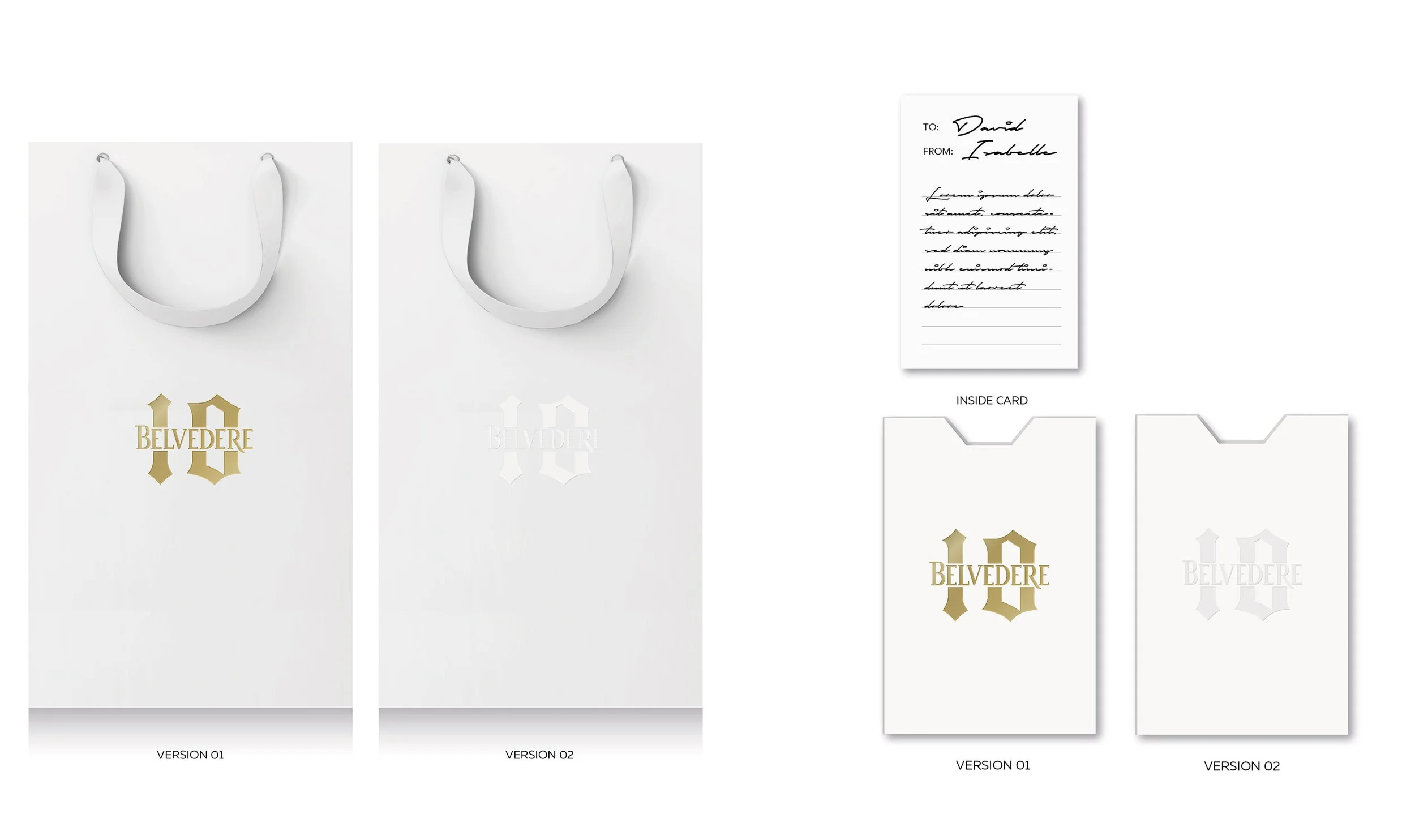 Belvedere 10 — on-trade gifting: bags, sleeves and cards in gold foil and blind emboss
