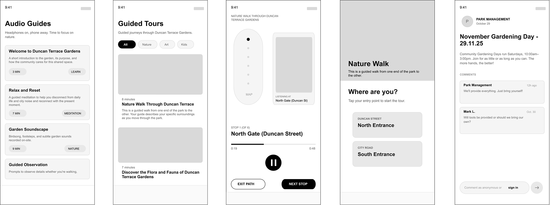 All low-fidelity wireframe screens