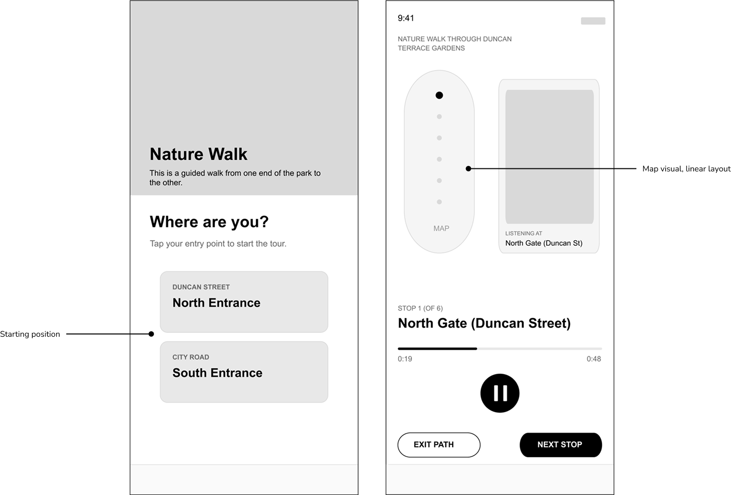 Nature walk entry point wireframe