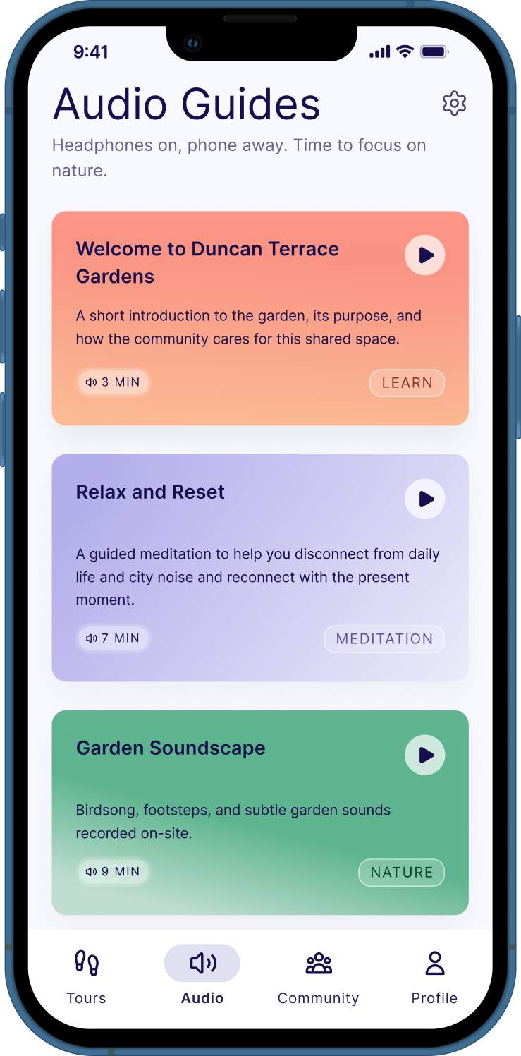 Audio Guides screen showing learning and relaxation options