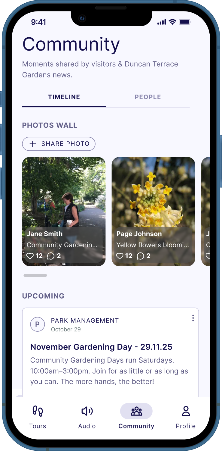 Community screen showing park updates and neighbor interaction