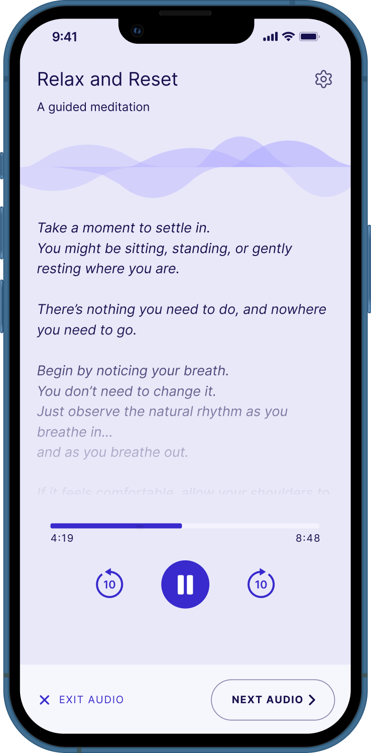 Relax and Reset meditation audio guide screen