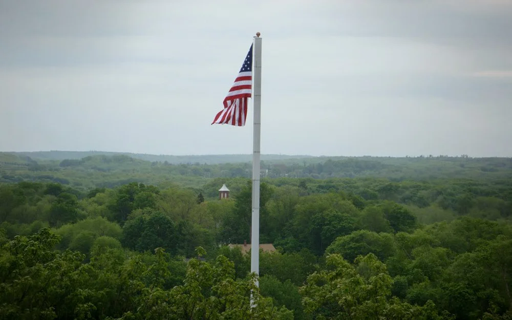 American flag flying from a flagpole cell tower above the trees