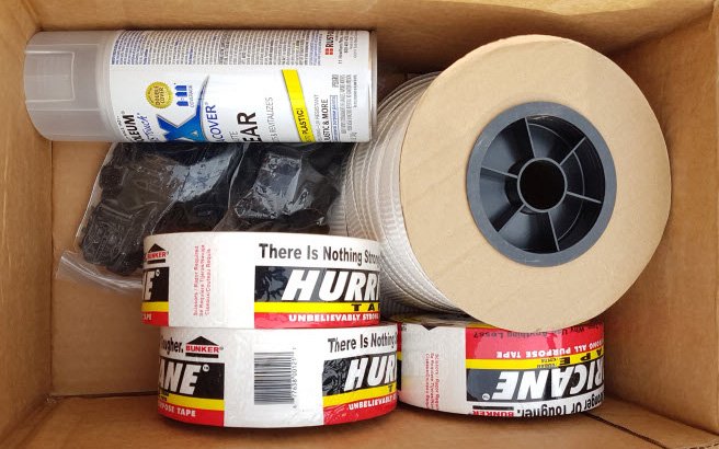 Hurricane tape, strapping and spray adhesive used for one tower service visit
