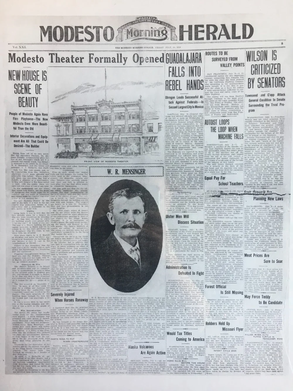Vintage Modesto newspaper article about the Mensinger Theater, gifted to The Century by the Mensinger family