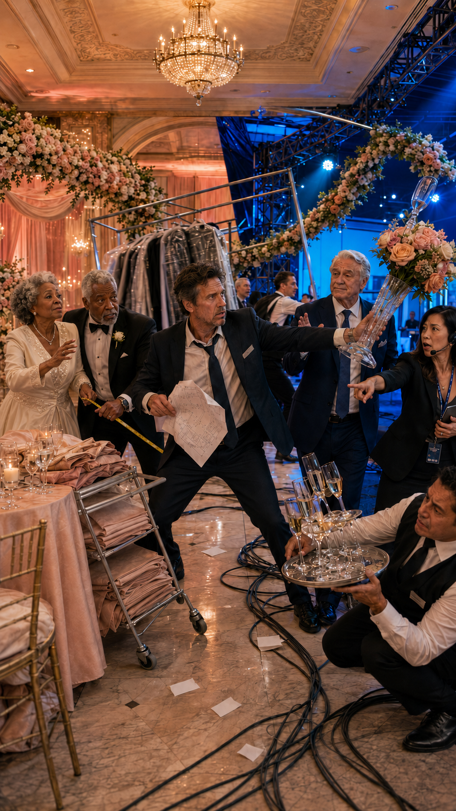 A hotel operations director tries to hold together a wedding and an industry forum colliding inside one ballroom.