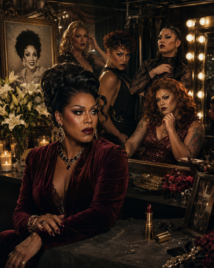 Five drag performers framed in crimson nightclub light around a shared shade of lipstick.