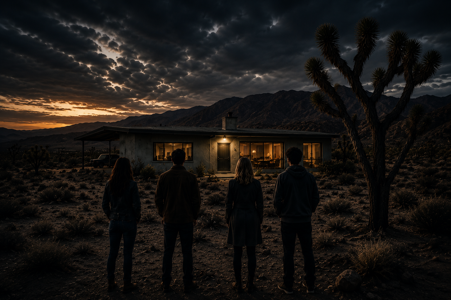 Four former friends face an isolated, warmly lit house in the Mojave desert at dusk.