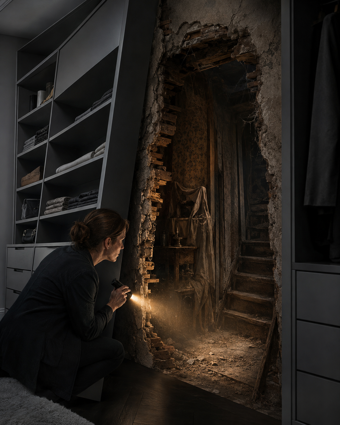 Home organizer Claire Mercer discovers a forgotten room sealed behind modern built-in shelving.