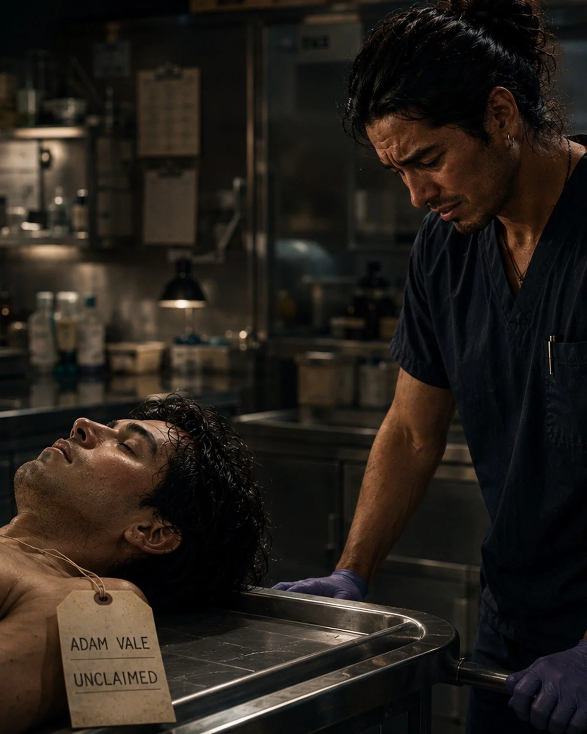 Mortuary worker Eli Redbird leans over an unclaimed man identified as Adam Vale, recognizing the person he knew as Mateo Cruz.