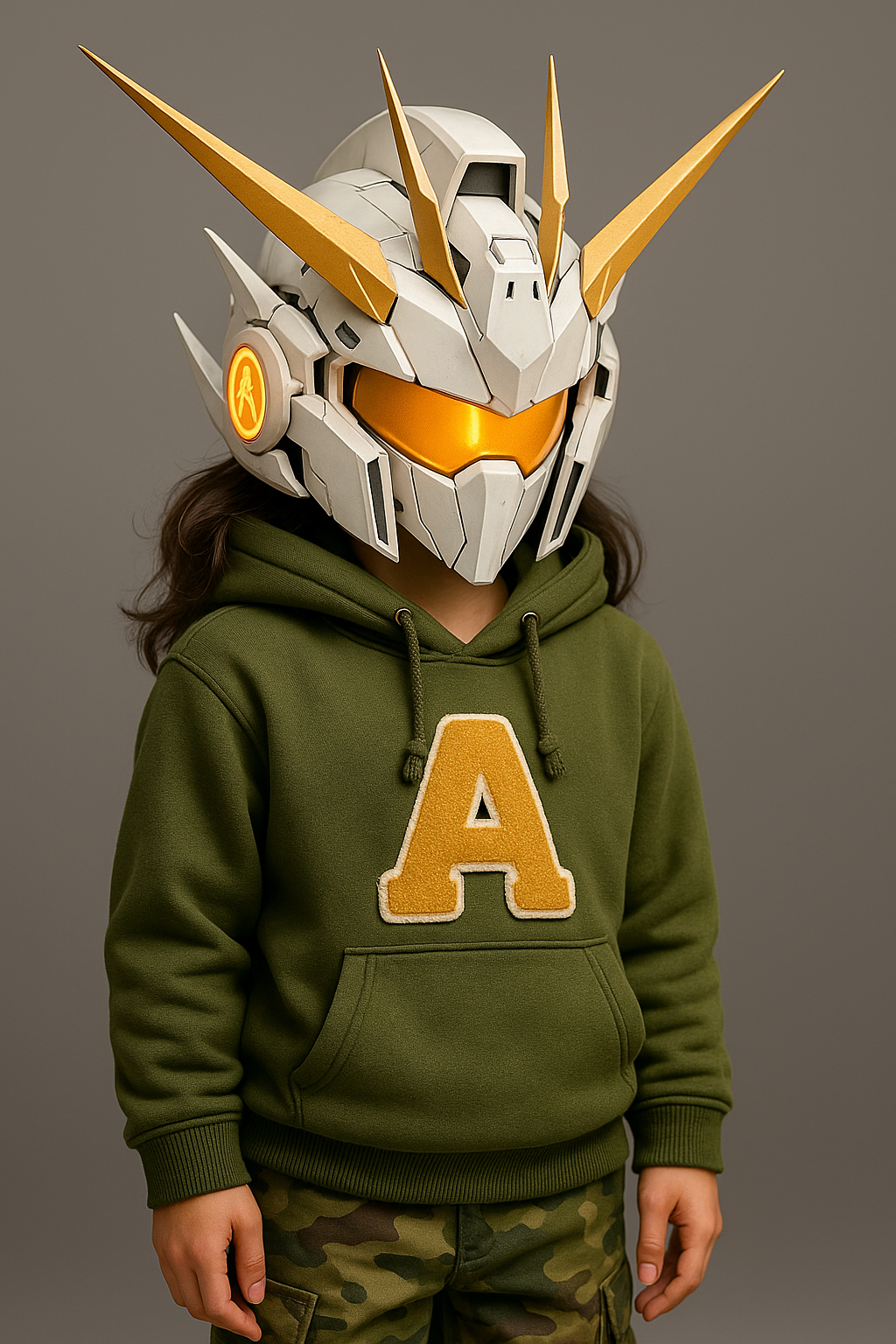 AHMx001 Aletheia avatar with cream-and-gold Gundam style helmet
