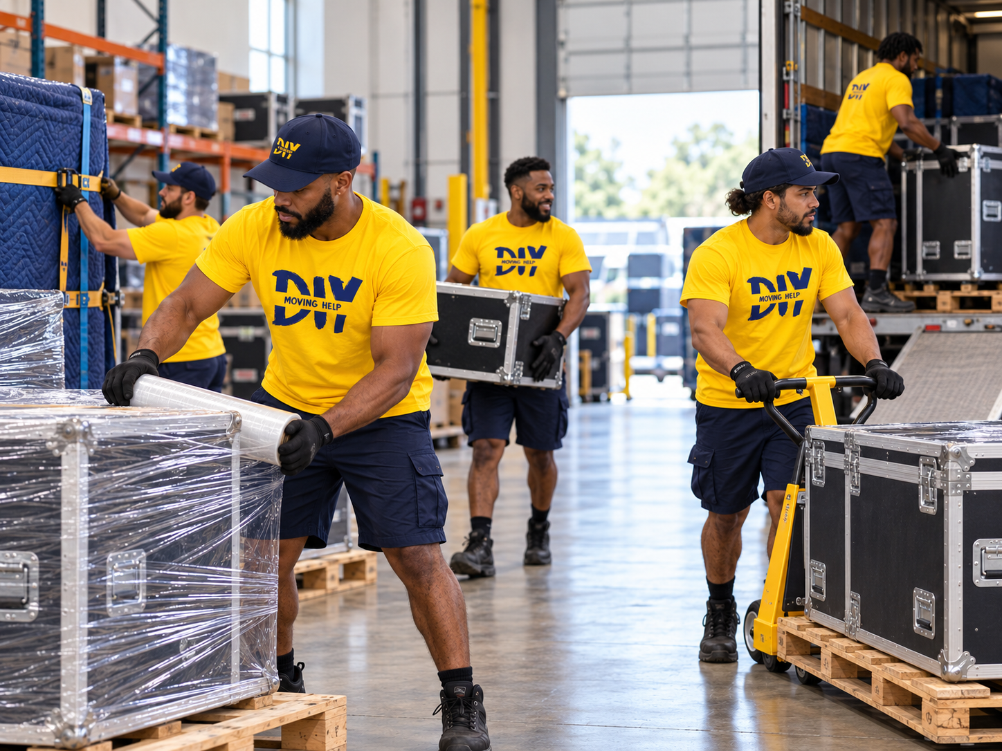 DIY Moving Help commercial crew wrapping and palletizing inventory in a warehouse