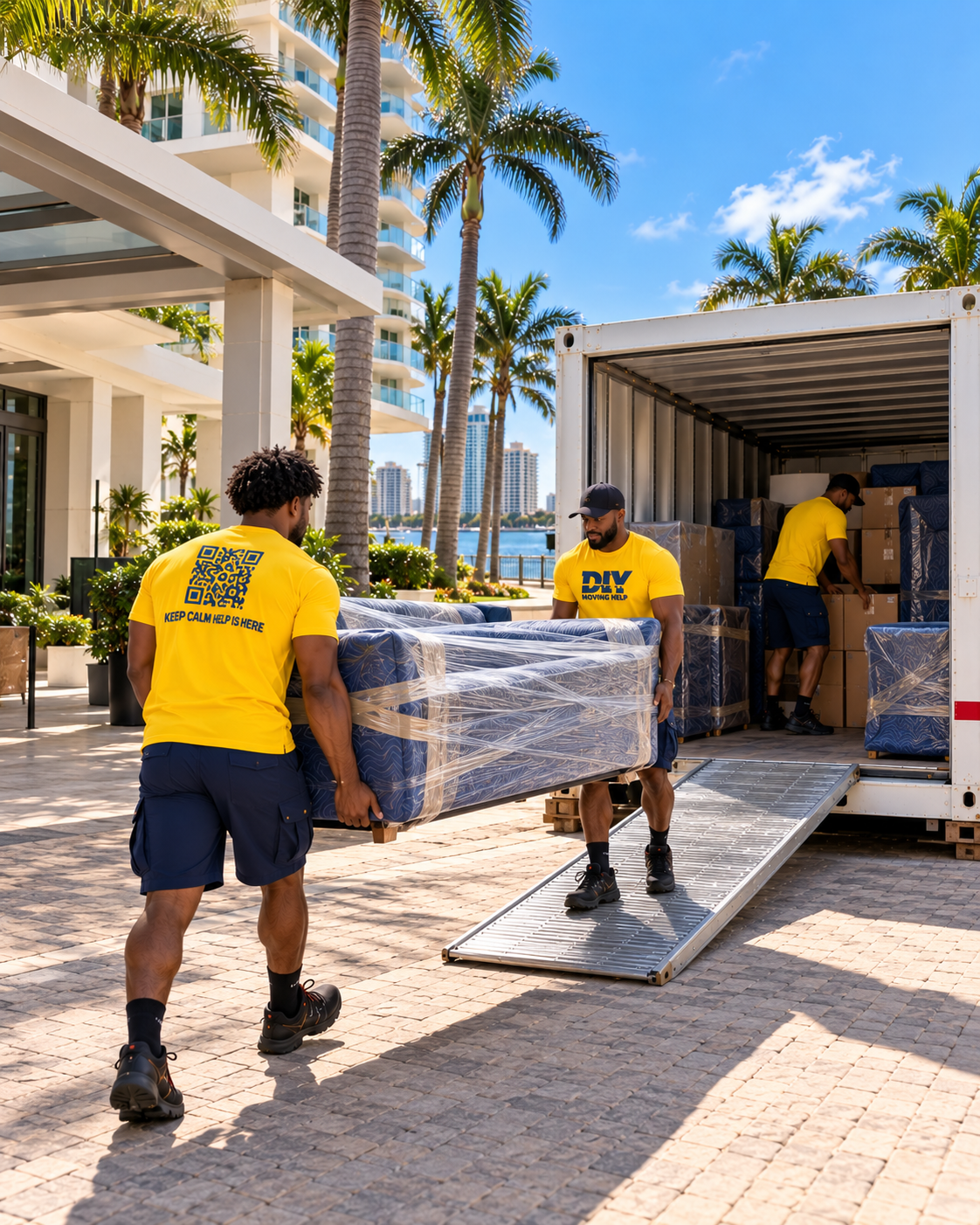 DIY Moving Help crew unloading a container on a sunny waterfront street in West Palm Beach, Florida