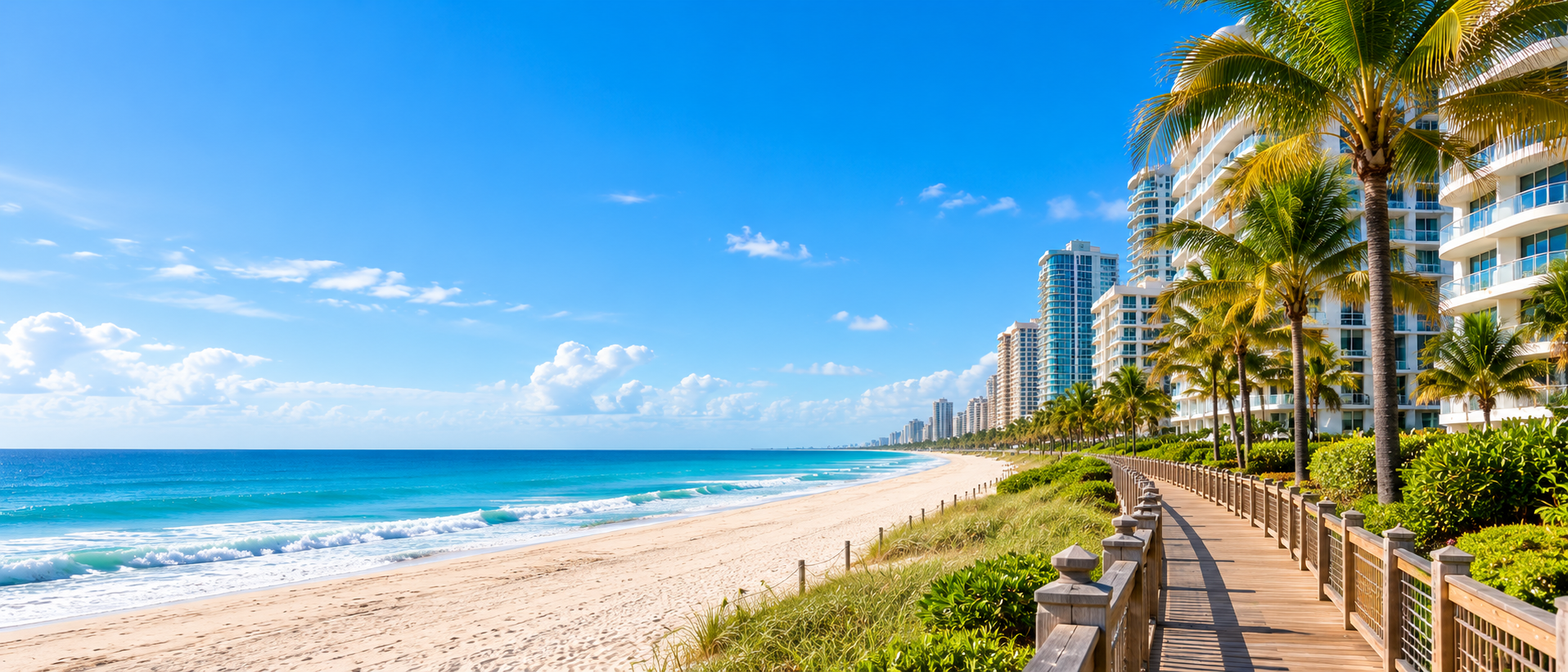 Sunlit beachfront promenade with palm trees and oceanfront condos in Pompano Beach, Florida