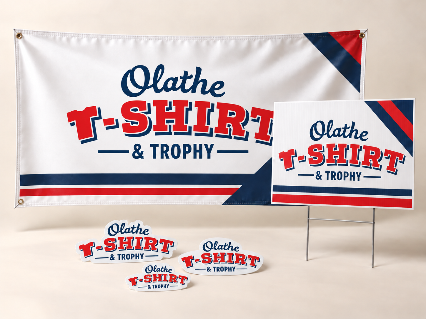 Illustration of Olathe T-Shirt & Trophy branded banner, yard sign, and decals