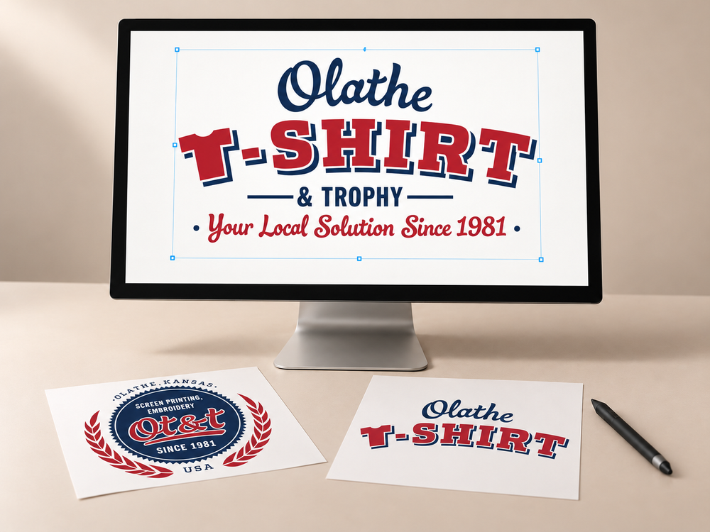 Olathe T-Shirt & Trophy artwork displayed on a monitor and design proof sheets.