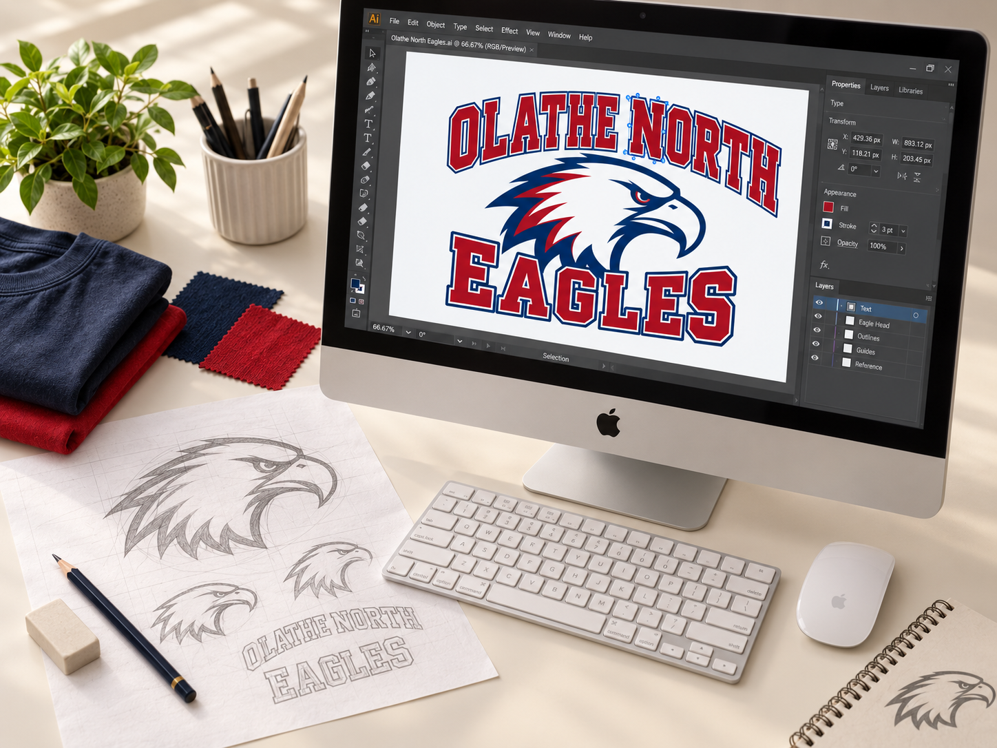 Illustrative Mac design workstation showing Olathe North Eagles artwork in Illustrator