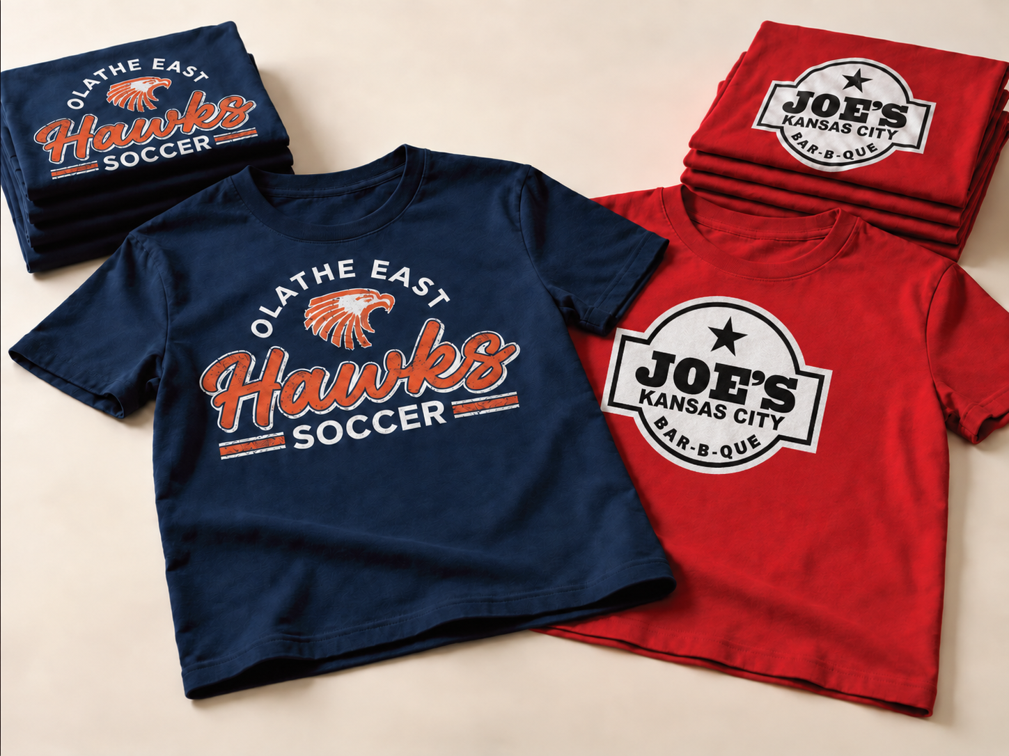 Illustrative Olathe East Hawks Soccer and Joe’s Kansas City Bar-B-Que screen-printed shirts