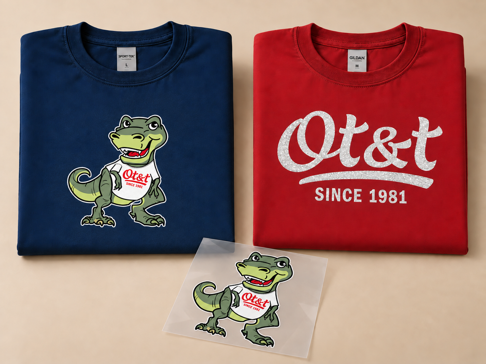 Dinosaur DTF design on a navy shirt and transfer sheet beside a red shirt with a glitter logo.