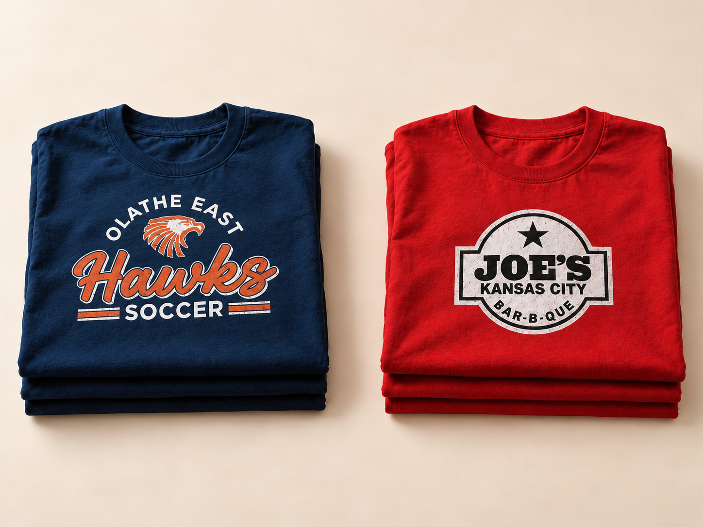 Illustrative Olathe East Hawks Soccer and Joe’s Kansas City Bar-B-Que screen-printed shirts