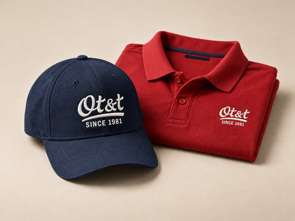Navy cap and red polo with embroidered Olathe T-Shirt & Trophy logos.