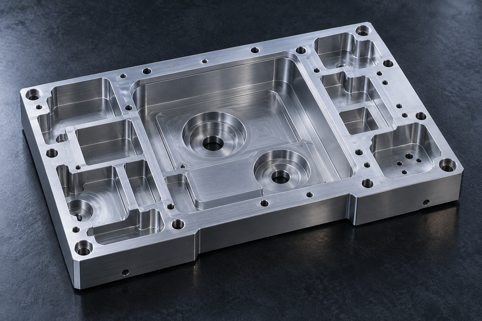 Komplexes Aluminium-Fräsbauteil mit abgestuften Taschen, Rippen und Bohrungen