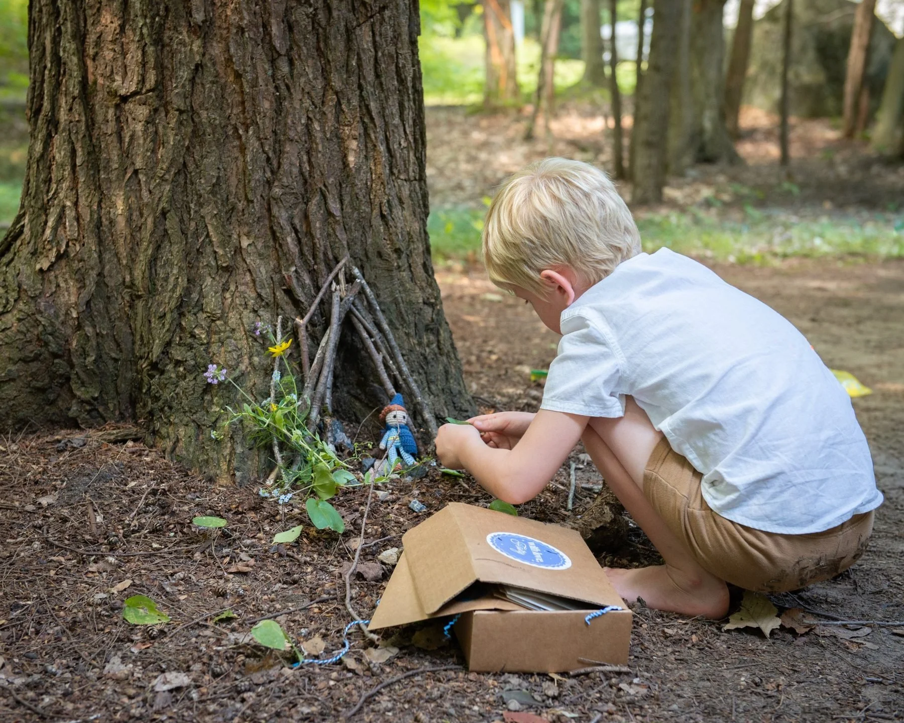 Child building a fairy house at the base of a tree