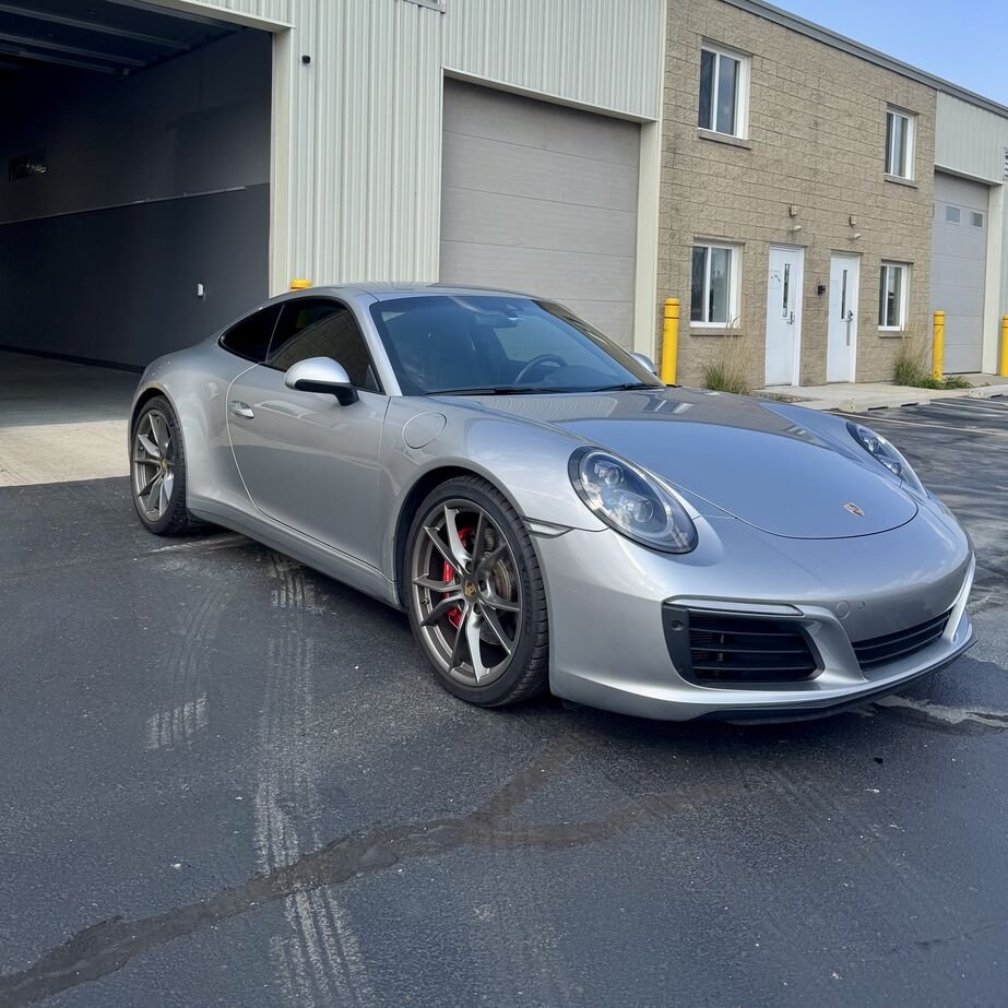 Porsche 911 with front-end paint protection film installed at PrimeVue Protection in Plainfield Illinois