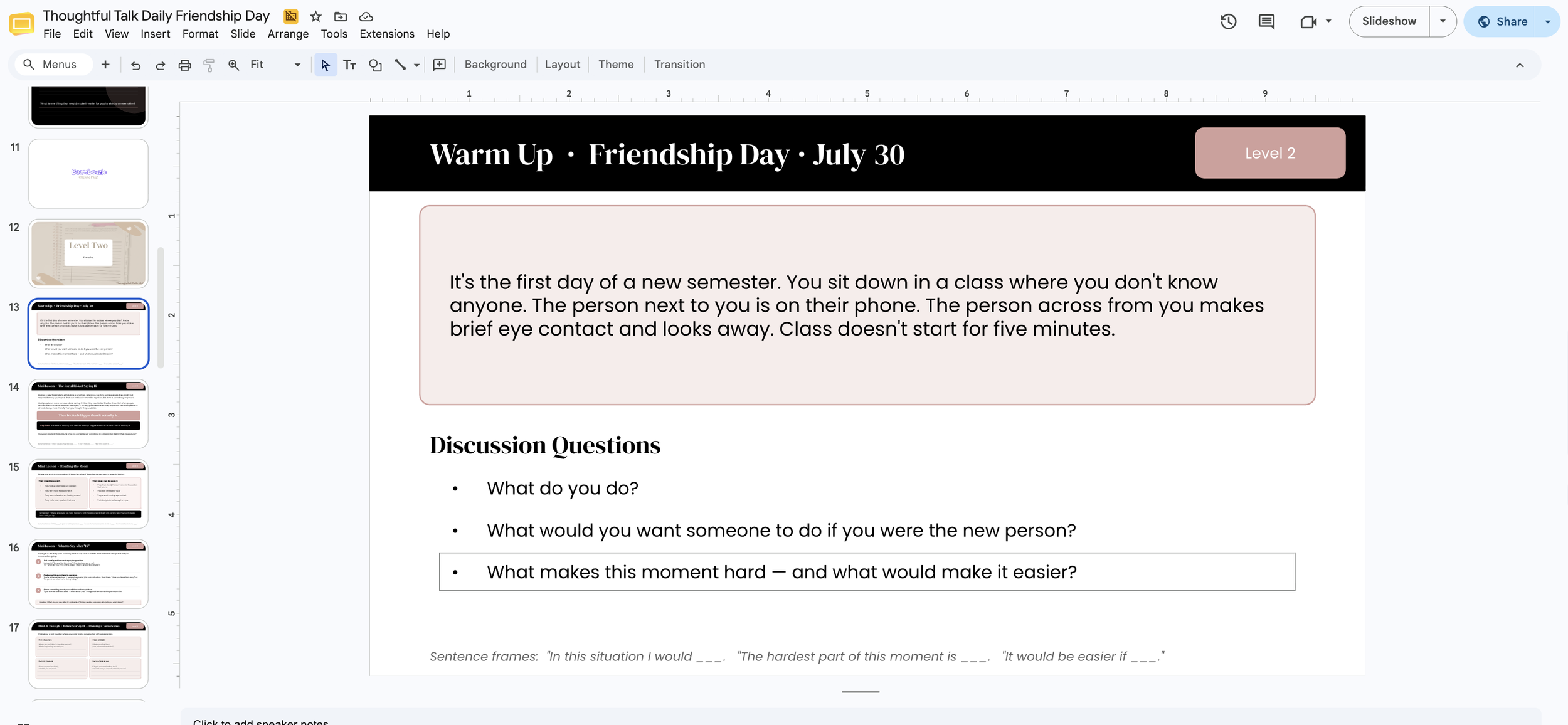 A real Thoughtful Talk daily lesson in Google Slides format