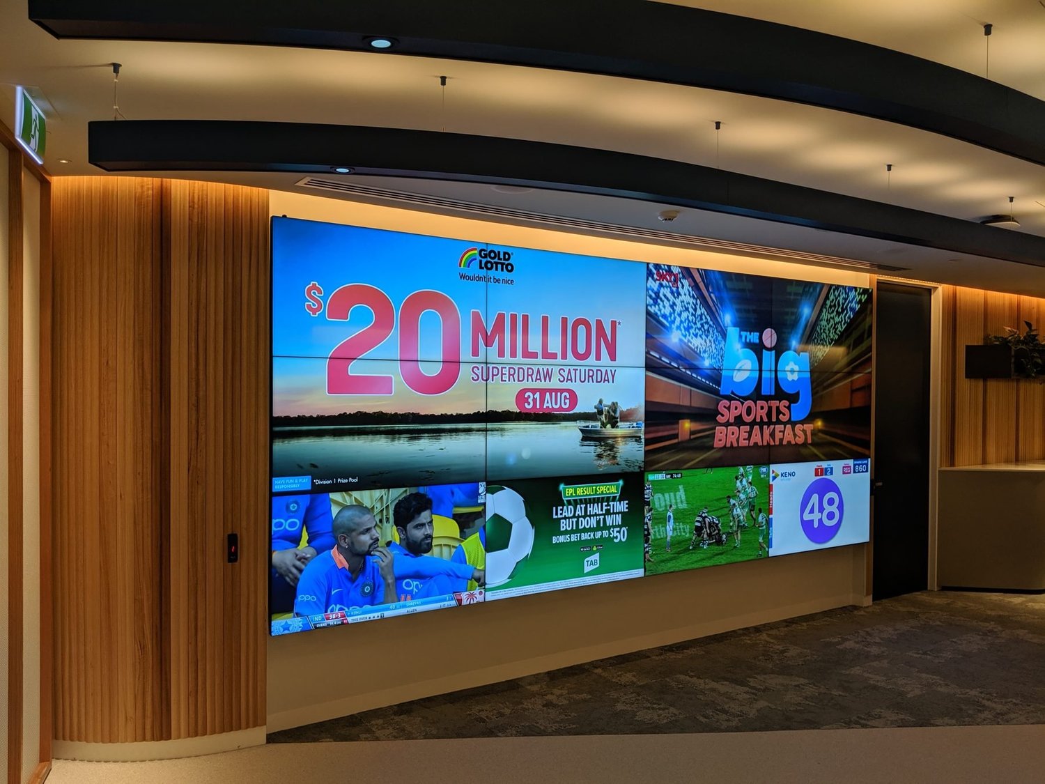 LED video wall installed in a sports bar showing live sport and promotions, Gold Coast club