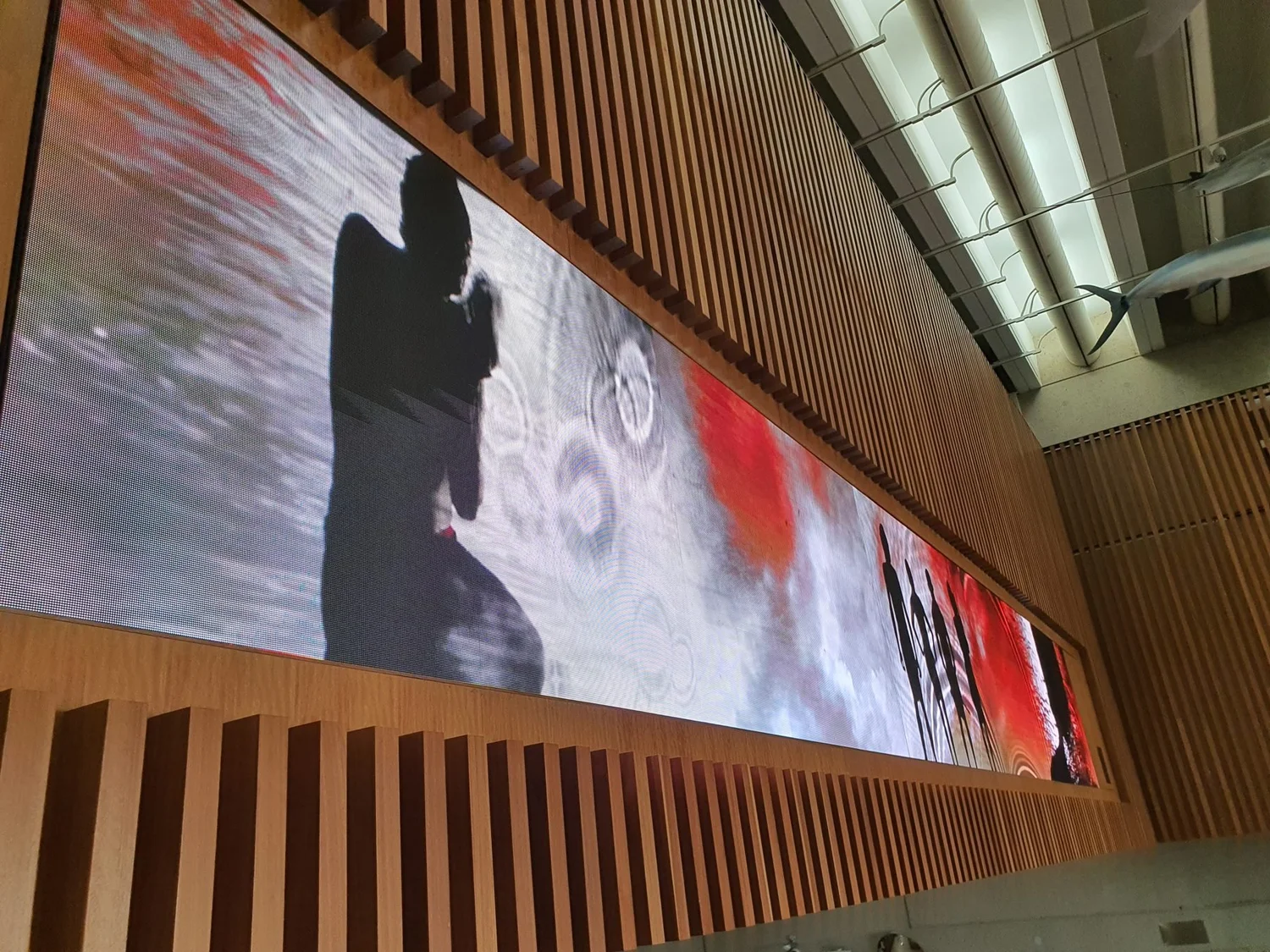 Curved LED wall set into a timber feature wall in a corporate reception, Brisbane