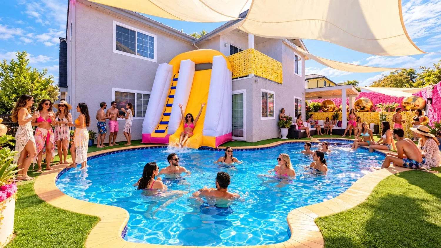 Daytime pool and slide gathering
