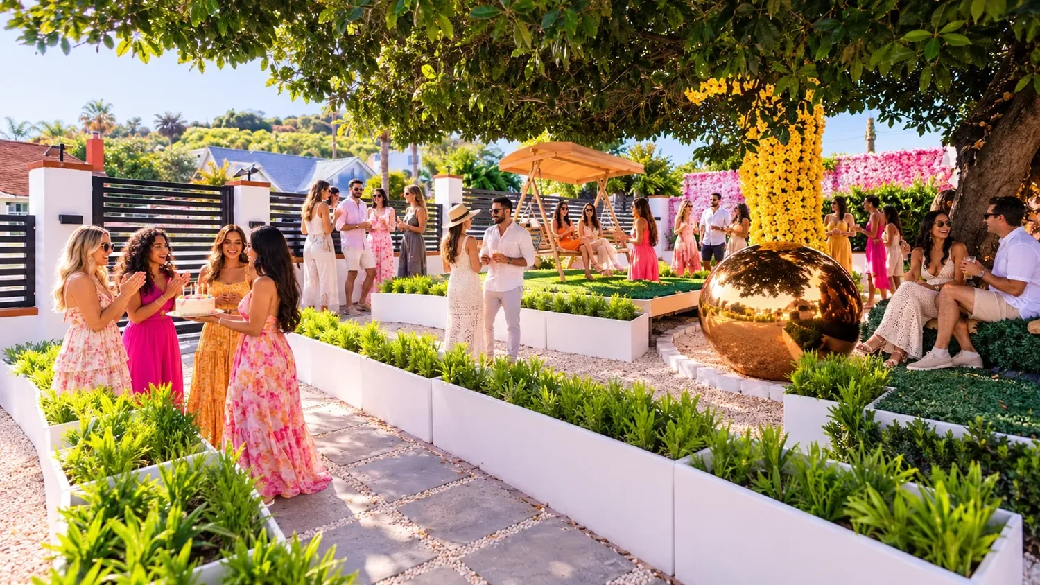 A sunny private garden celebration with friends