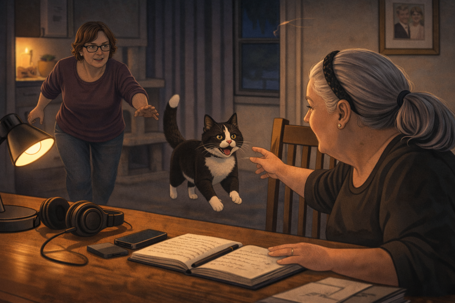 Mittens runs back into Mayra’s dining room as Mary follows behind. Mayra sits at the table with her podcast gear.